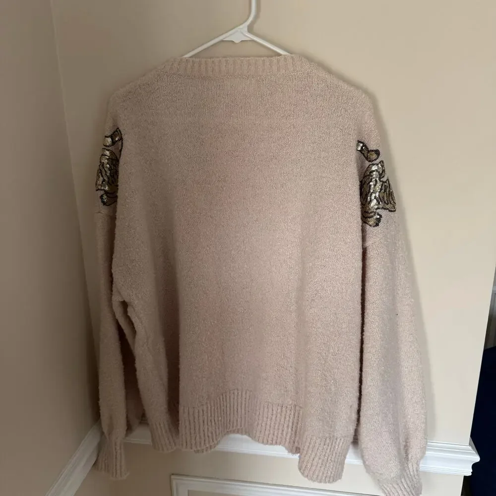 Peach Love Oatmeal Sequin Tiger Matted Sweater Pullover Preppy Bubble Sleeve - Picture 9 of 13